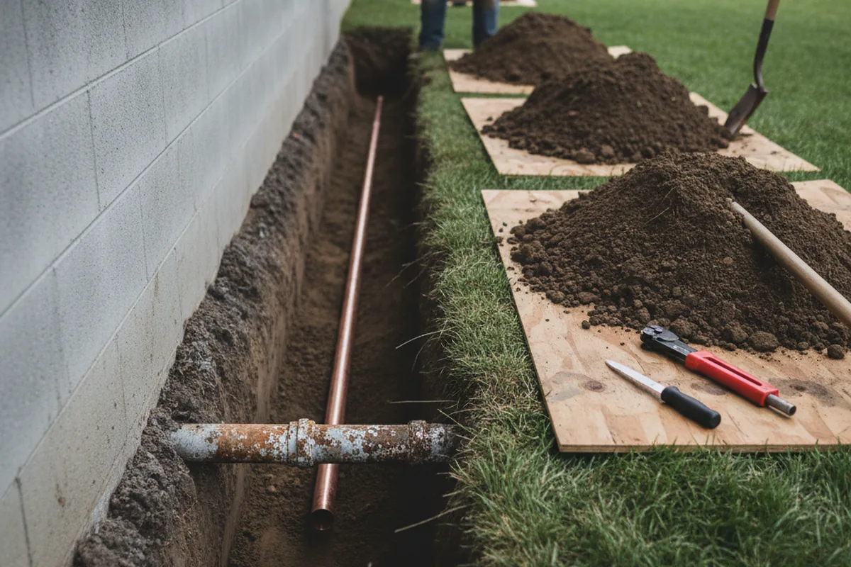 Excavated water line trench during Water Softener Installation in Bladenboro